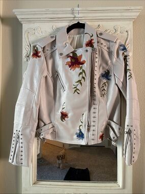 Floral Embroidered White Faux Leather Moto Jacket